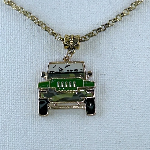 Handmade “Hummer on Safari” Gold Plated Enamel Charm Necklace Camo Bohemian - Picture 1 of 8